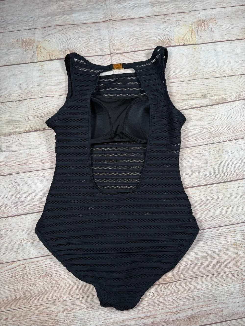 Lauren Ralph Lauren Black Striped Mesh One-Piece Swimsuit